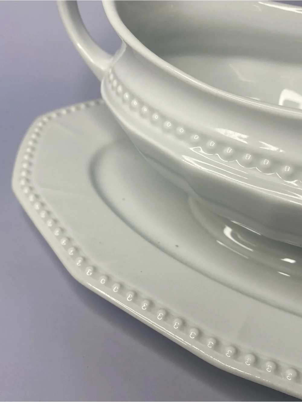 Vintage Hutschenreuther Porcelain Gravy Boat Attached Underplate White Beaded
